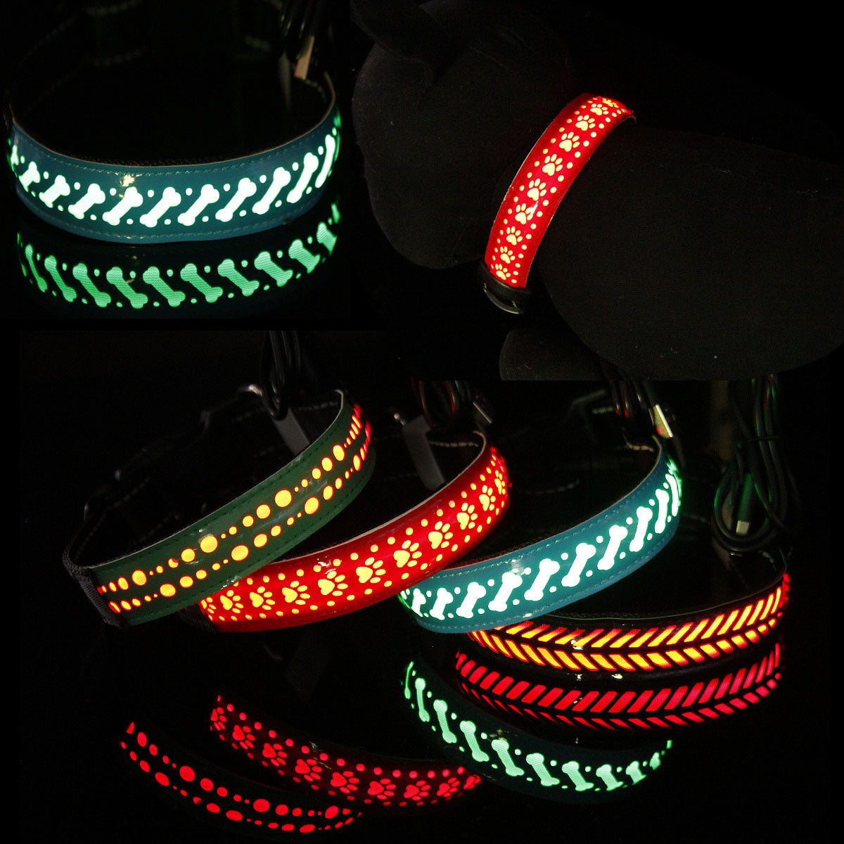 LED light up pet collar with black striped strap and red glow