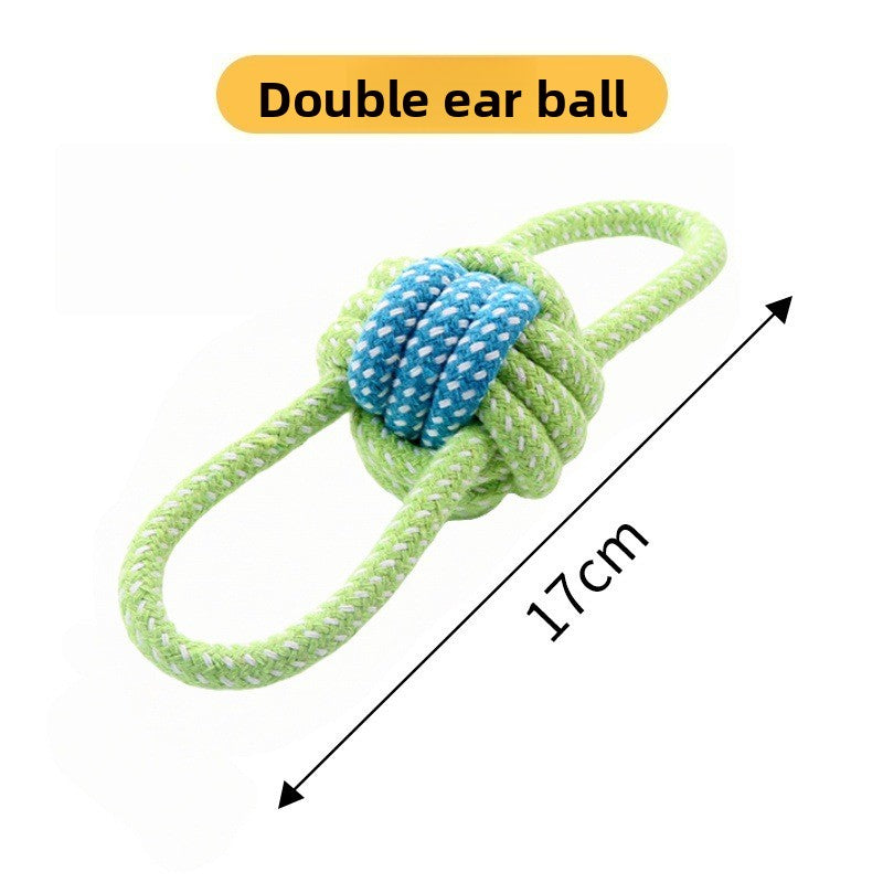Assorted knotted cotton rope dog toys in sixteen fun designs