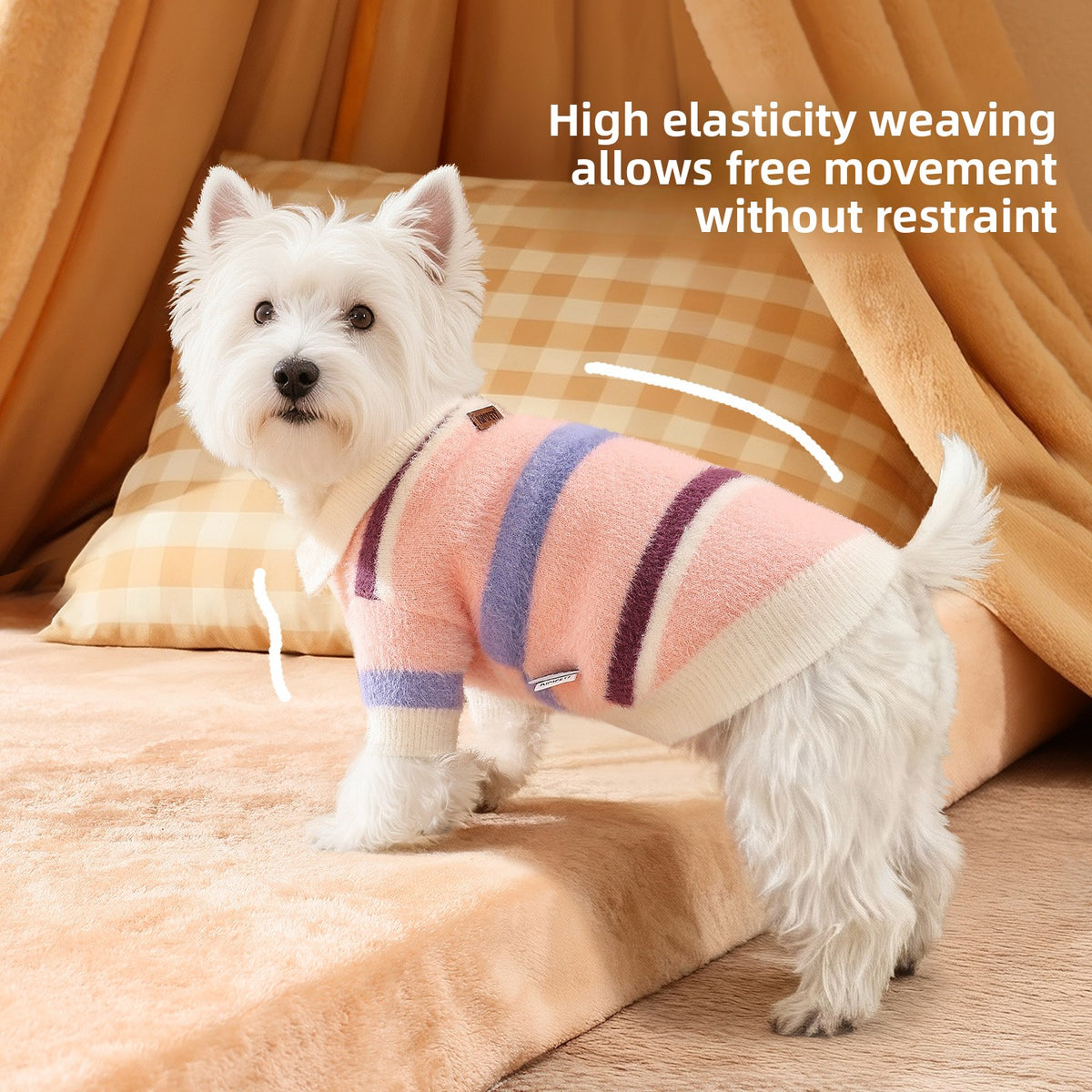 Faux mink velvet polo jumper for dogs and cats in Green Stripe Jumper, close-up detail
