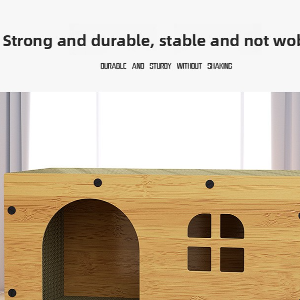Wooden cat house with built-in scratching board, product detail photo