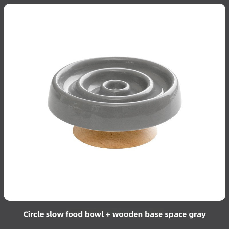 Round Ceramic Slow Feeder Bowl 15.5cm with Raised Pattern and Optional Wooden Base