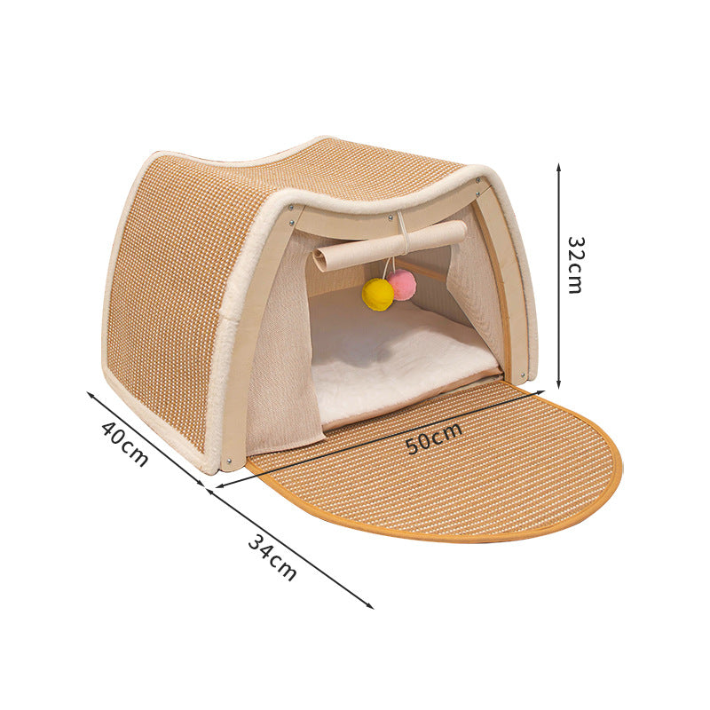 Solid wood enclosed cat tent with sisal scratching pad, view 10