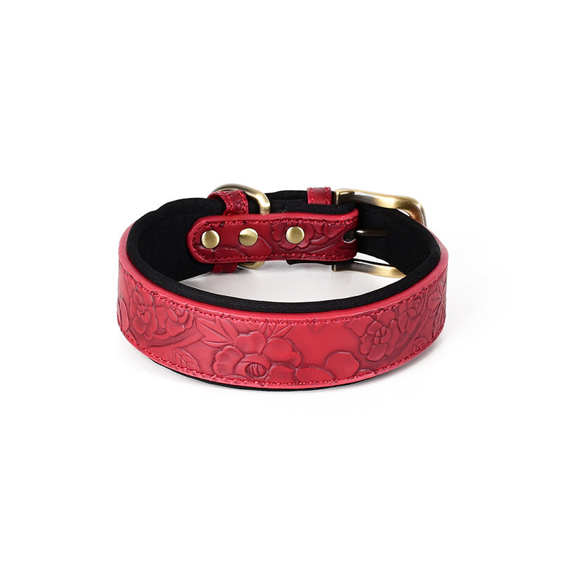 Embossed pattern leather look dog collar in brown