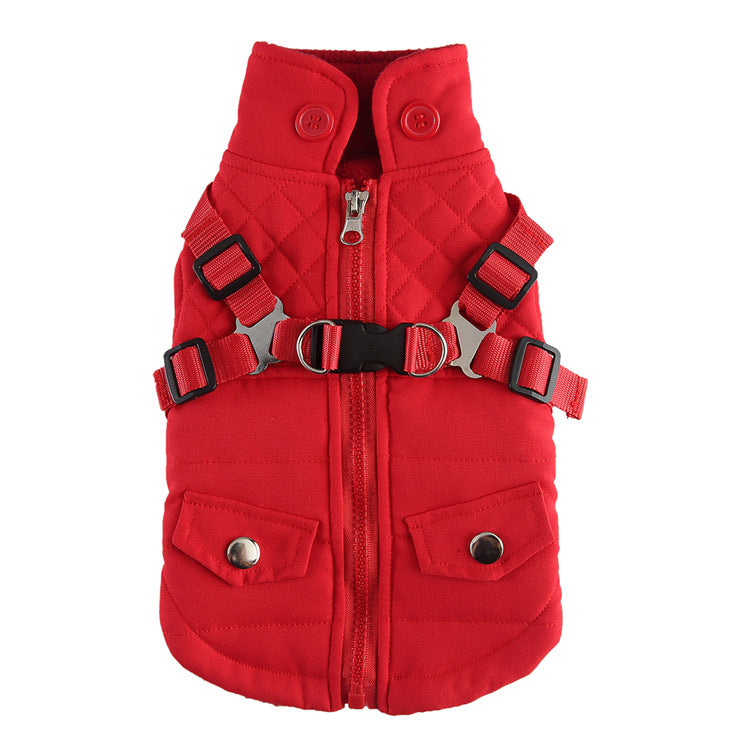 Padded dog chest jacket with zip and reflective straps in Red Style B, front view