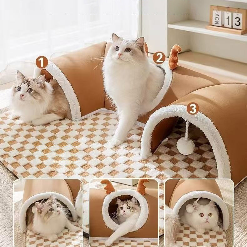 U shaped tunnel cat den with brown deer design, view 1
