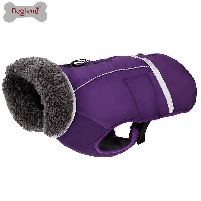 Water-resistant padded dog winter coat with reflective trim in Red, side view