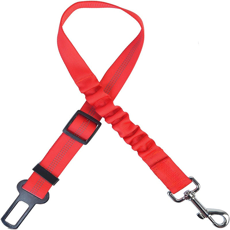 Elastic dog car seat belt lead with reflective strip in red