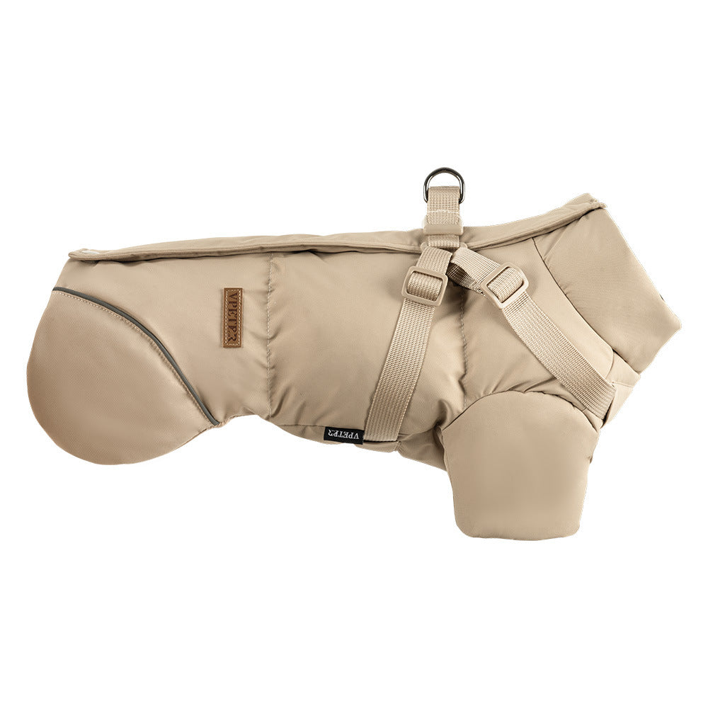 Small dog in a khaki cotton padded water resistant coat