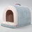 Azure blue semi enclosed roof shaped cat house bed, view 6