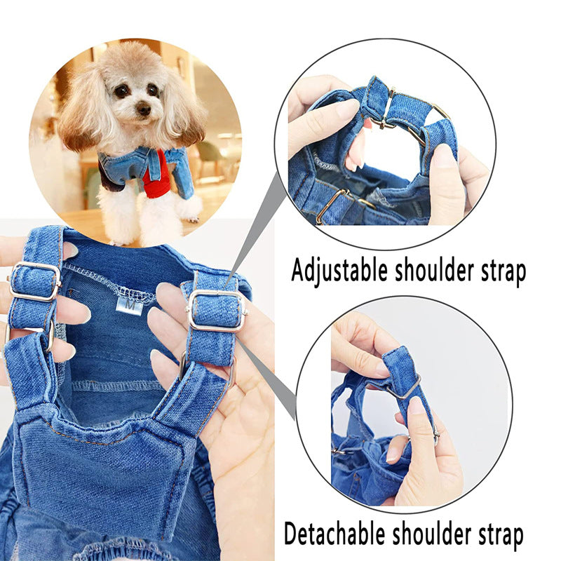 Washed denim dog jumpsuit with suspenders in Blue, side view
