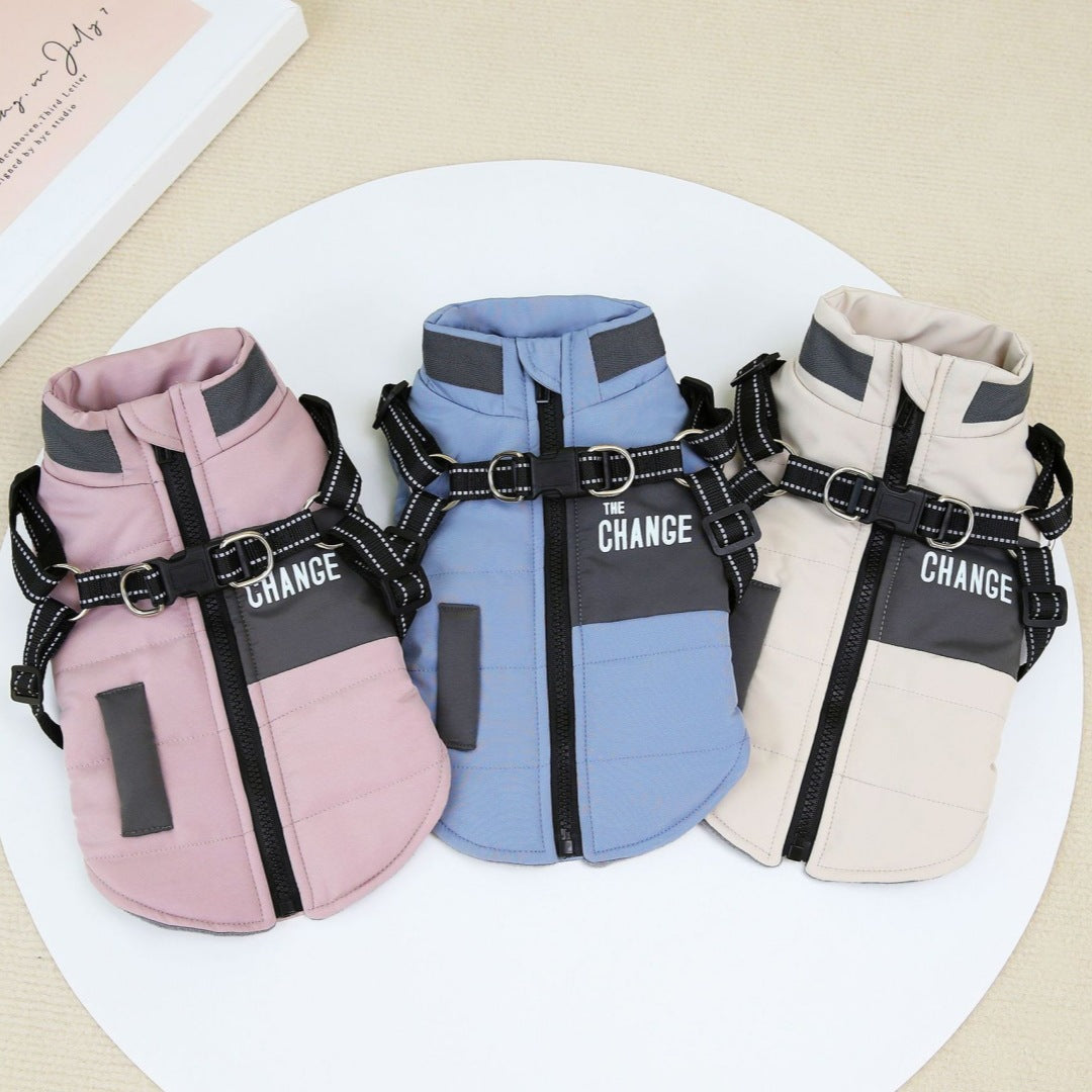 Stand collar padded dog winter coat in Rice Apricot, close-up detail
