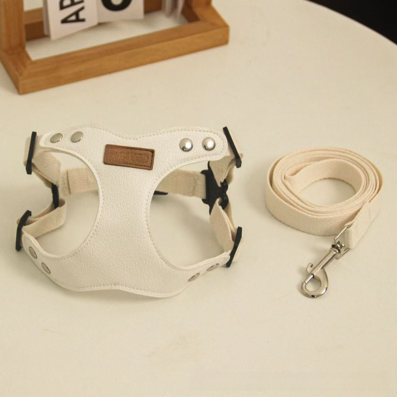 White faux leather cat walking harness vest with adjustable straps, product image 3