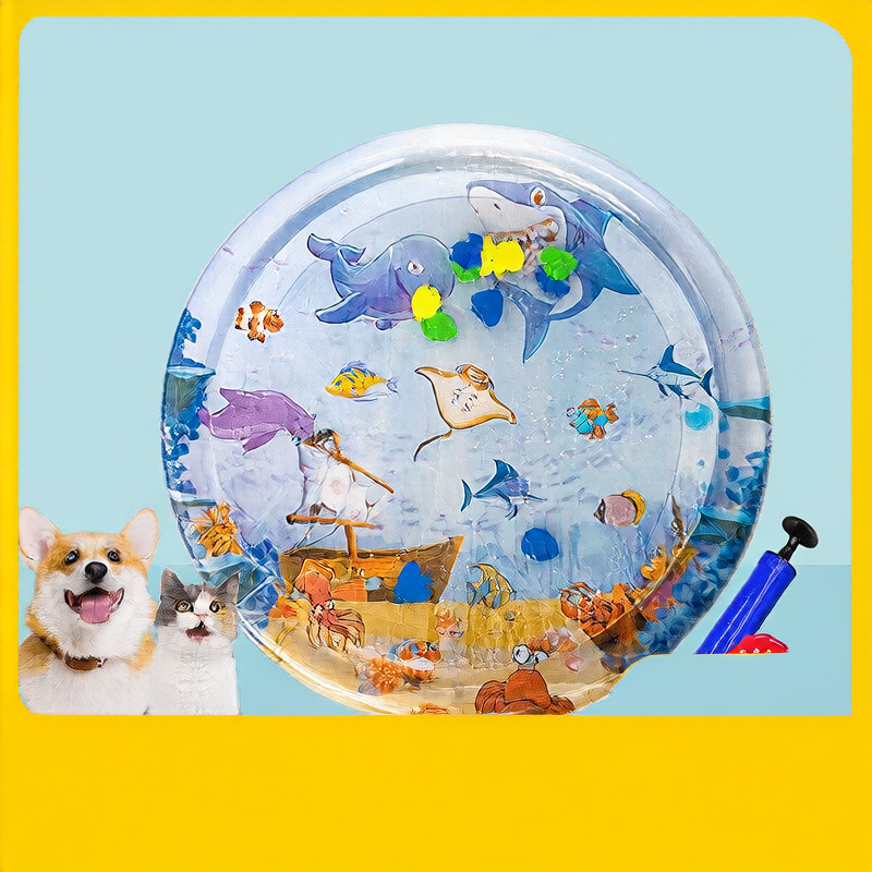 Water-filled inflatable pet cooling pad with sea print, photo 1 of 10