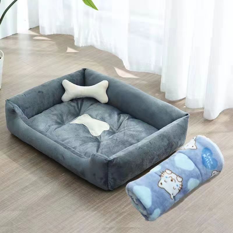 Soft pet bed with blanket, mat and bone pillow, product gallery photo