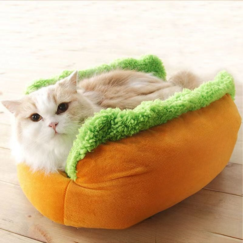 Hot dog shaped pet bed for cats and small dogs, close-up detail view