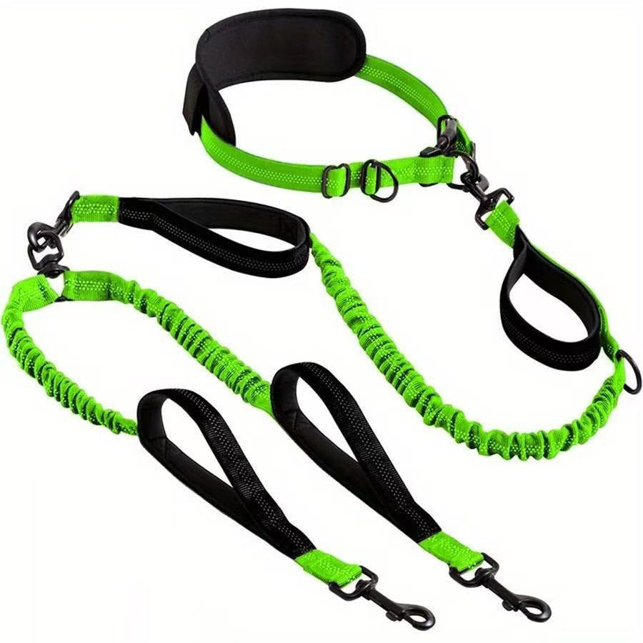 Hands-free double dog lead with bungee buffer, available from Pet Royale UK