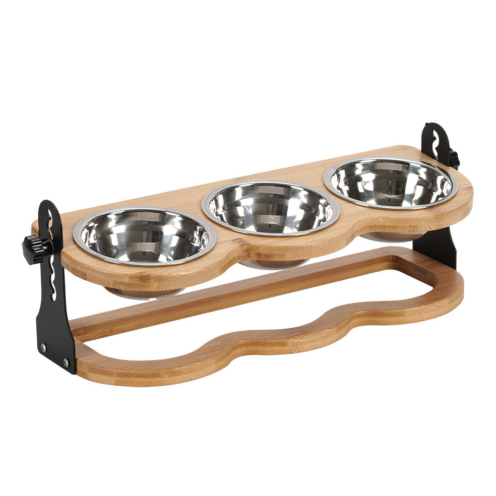 Elevated Stainless Steel Pet Bowl on Three-Legged Bamboo Stand for Cats and Small Pets