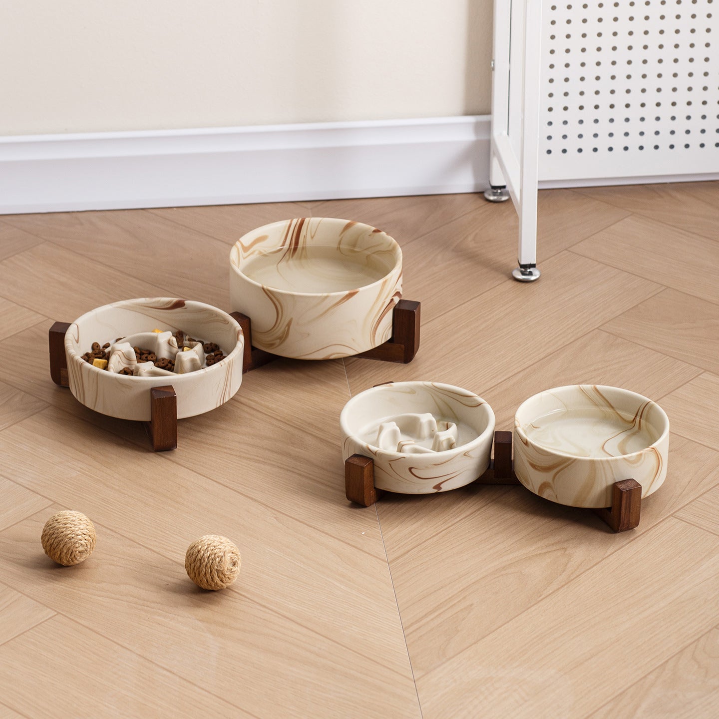 Marble Pattern Ceramic Pet Bowl with Acacia Wood Stand in Water or Slow Feeder Style