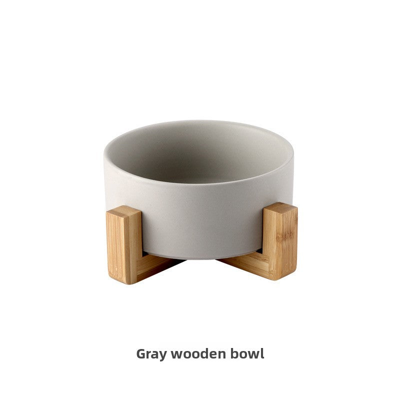 Green double ceramic pet bowl set with wooden stand