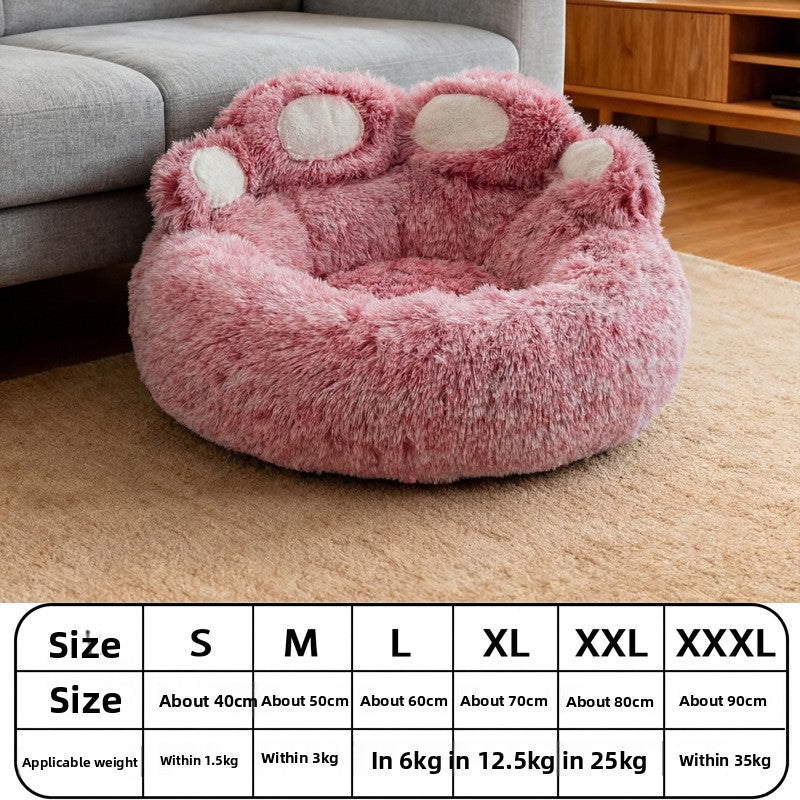 Grey bear paw shaped round plush pet bed, view 28