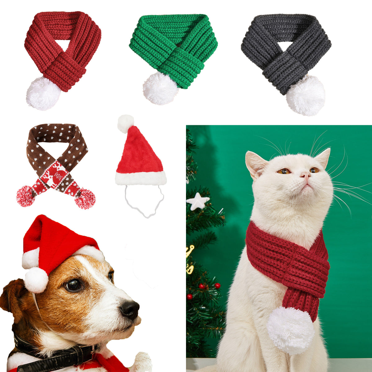 Christmas knitted pet scarf for dogs and cats in Red, front view