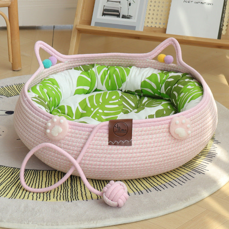 Handmade rattan cat bed with scratching board and ball