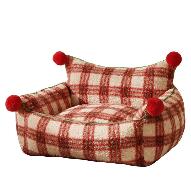 Red plaid plush sofa nest bed for cats and small dogs, photo 5 of 8