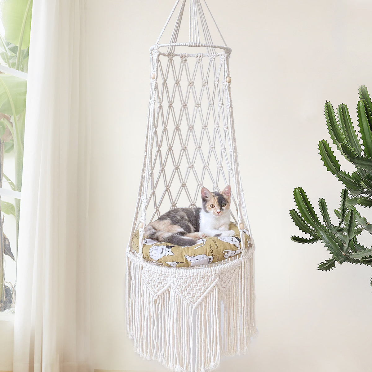Bohemian hand-woven hanging cat hammock, photo 4 of 5