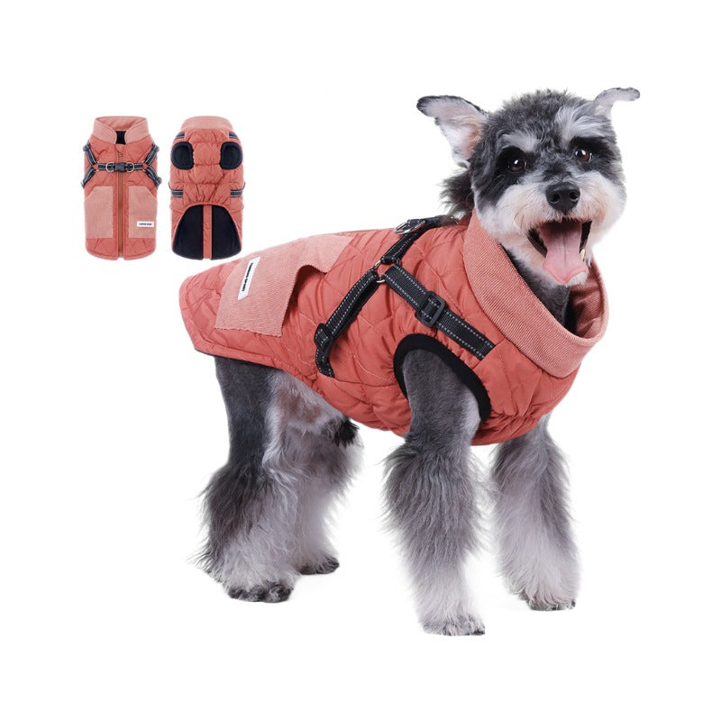 Thick padded dog coat with open back and lead ring in Khaki, close-up detail