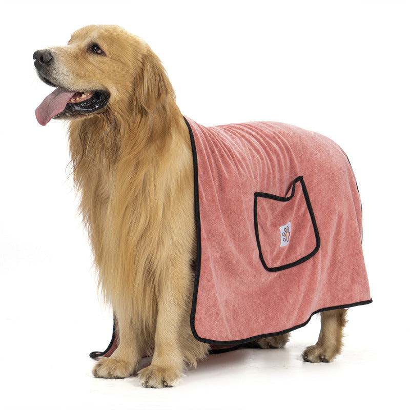 Microfibre pet bath towel with pocket gloves in Dark Blue, showing size and shape