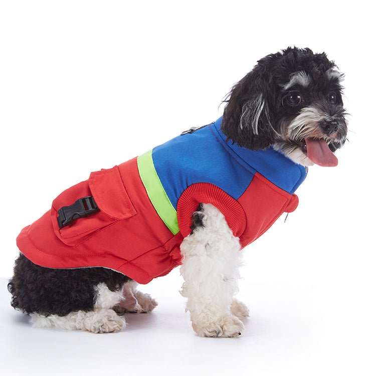 Waterproof padded British style dog winter coat in Purple Blue, in use with a pet