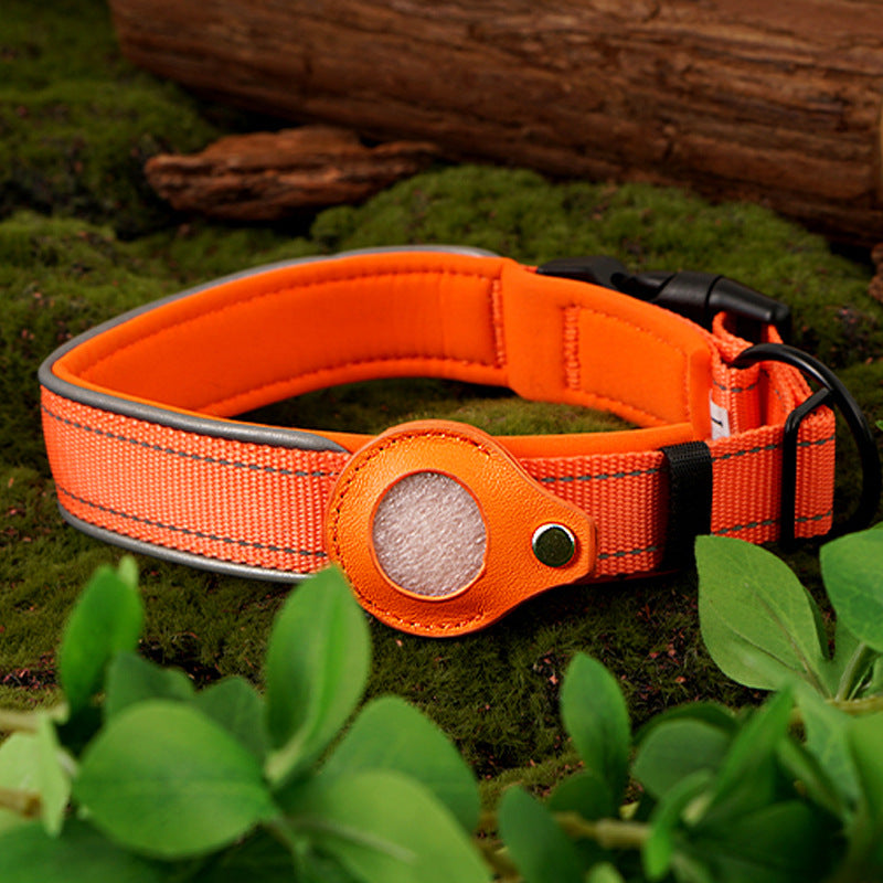 Nylon dog collar with tracker holder pocket in orange, view 3