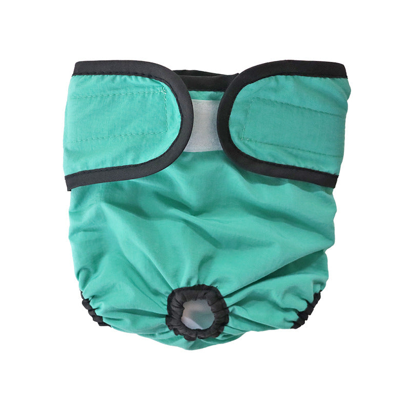 Reusable dog hygiene pants with hook and loop fastening, showing size and shape