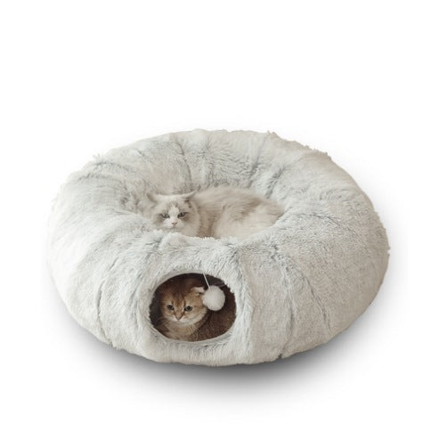 Grey plush cat tunnel bed with cosy nest end, photo 6
