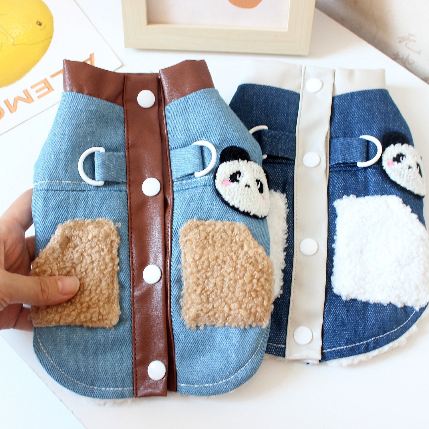 Fleece lined denim pet jacket with panda design in Dark Blue Denim, close-up detail