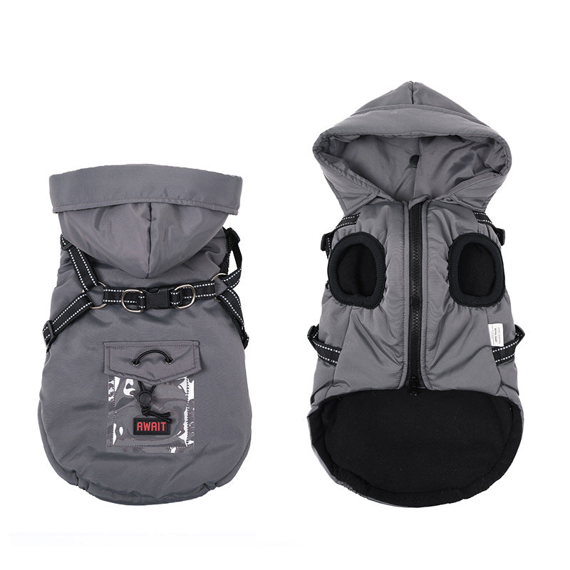 Warm cotton coat for small dogs in Grey, close-up detail