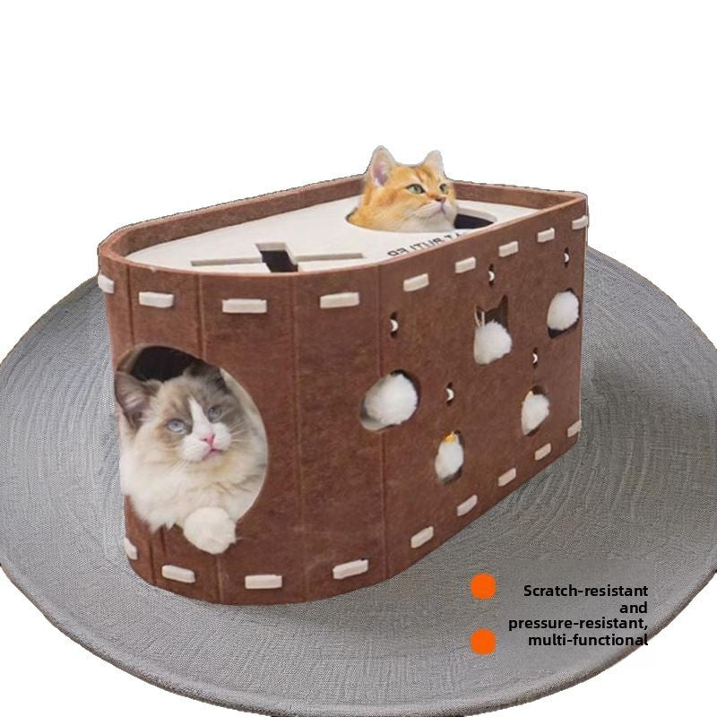 Beige double layer felt cat bed and scratching board, view 5