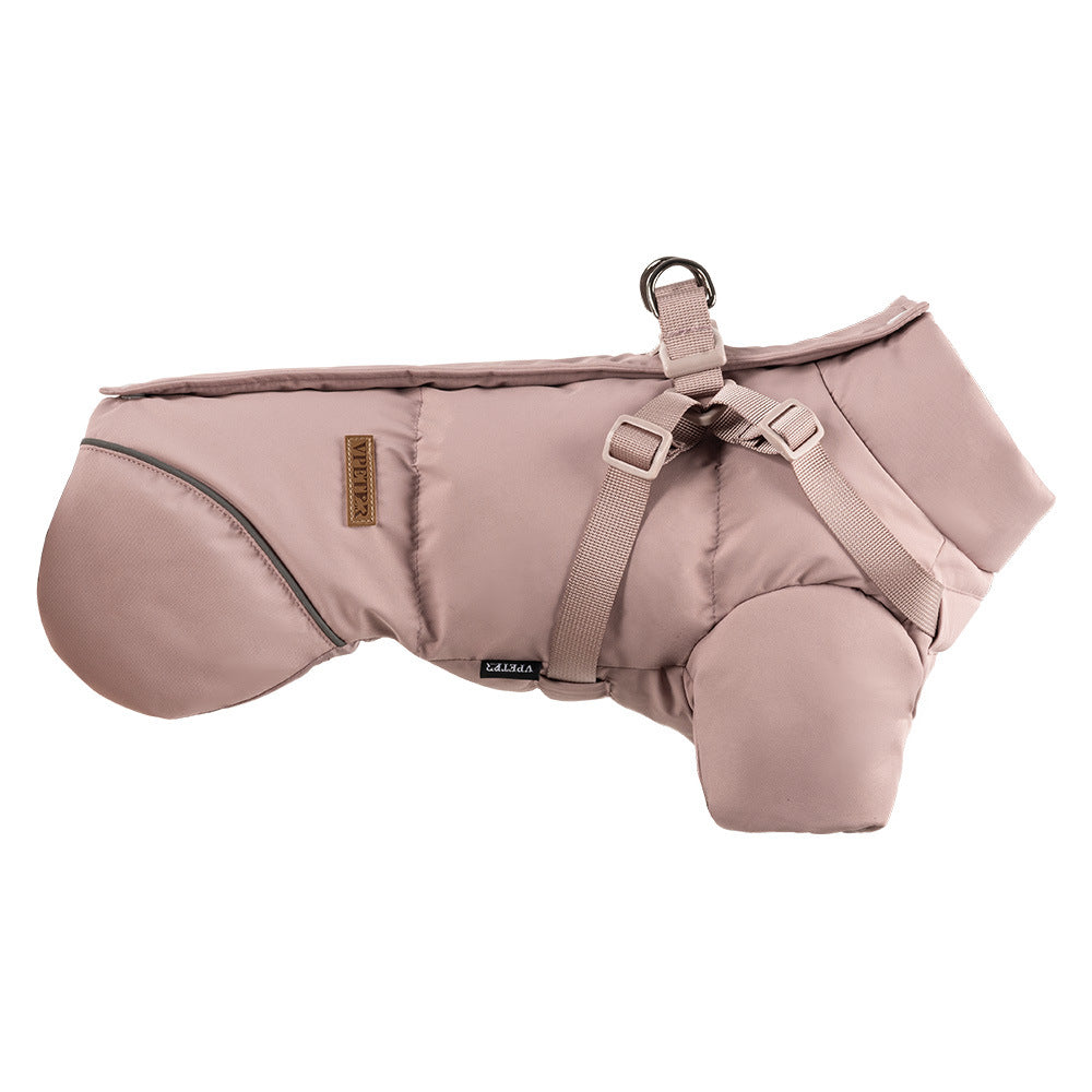 Thick padded windproof dog coats shown in three colourways