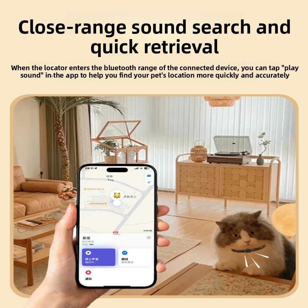 Smart pet locator tag on a black collar for dogs and cats