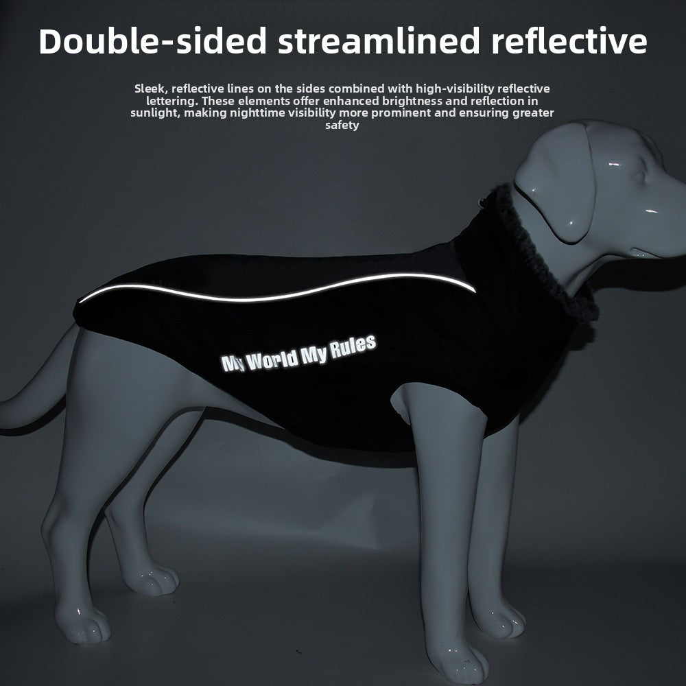 Large dog in a red reflective padded winter coat