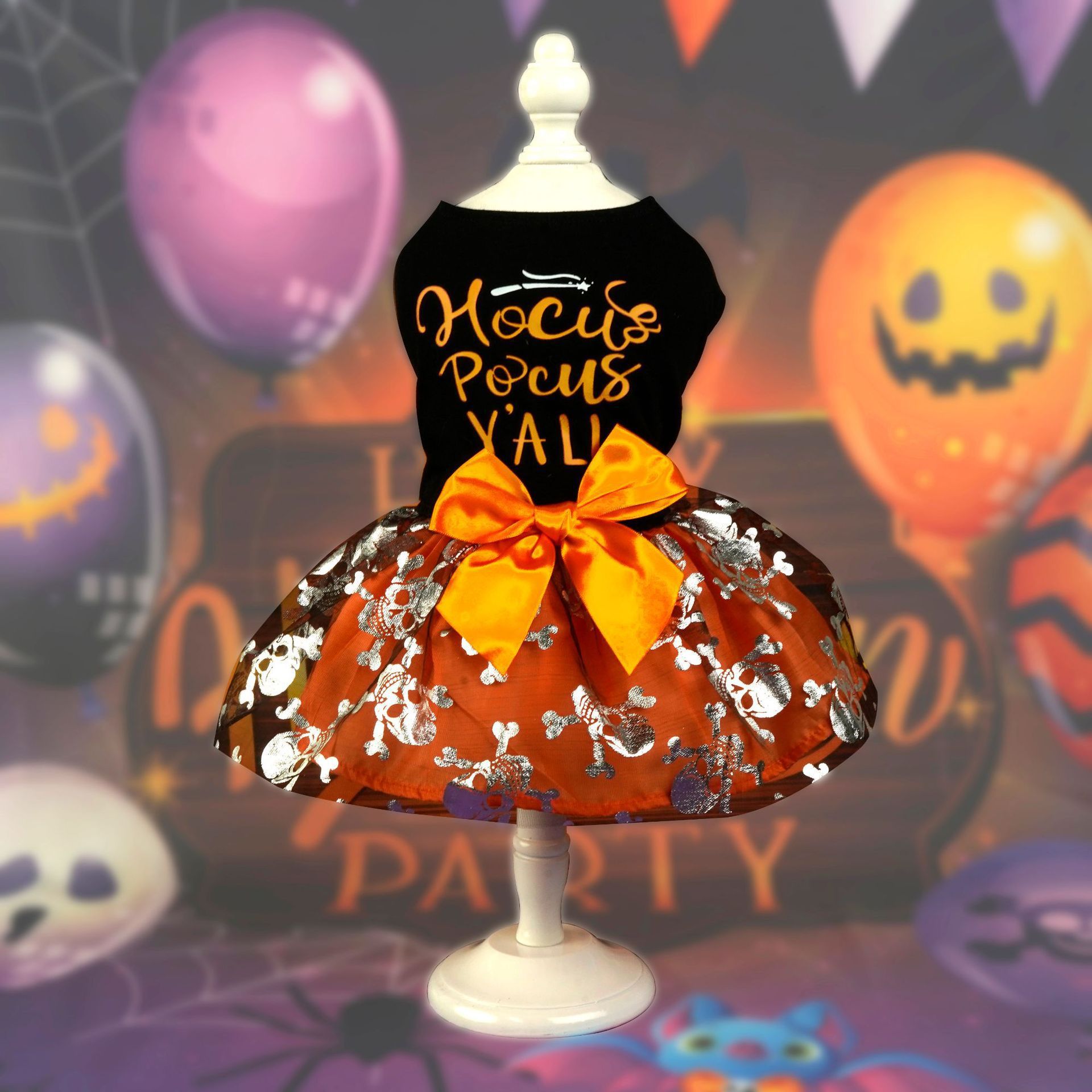 Black Halloween skull print pet dress with mesh skirt for dogs and cats, image 7