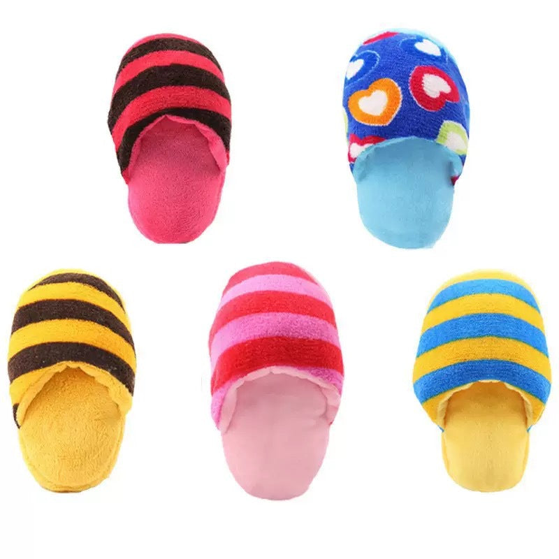 Plush squeaky slipper dog toy for chewing and play, view 1