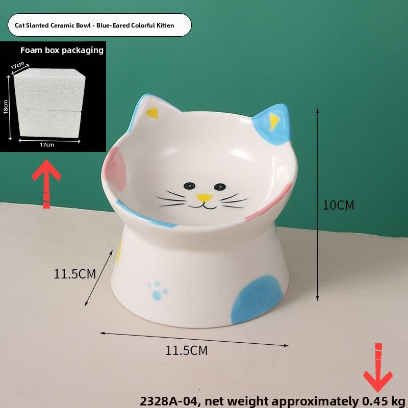 Ceramic Elevated Pet Bowl with Anti-Spill Slanted Opening and Double Ears in Cute Designs