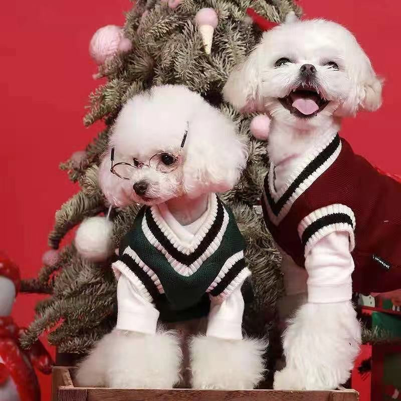 Warm knitted dog vest jumper with pull on design in Red, front view