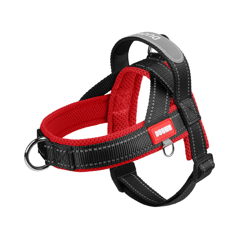 Reflective no pull saddle harness in red and blue on a dog