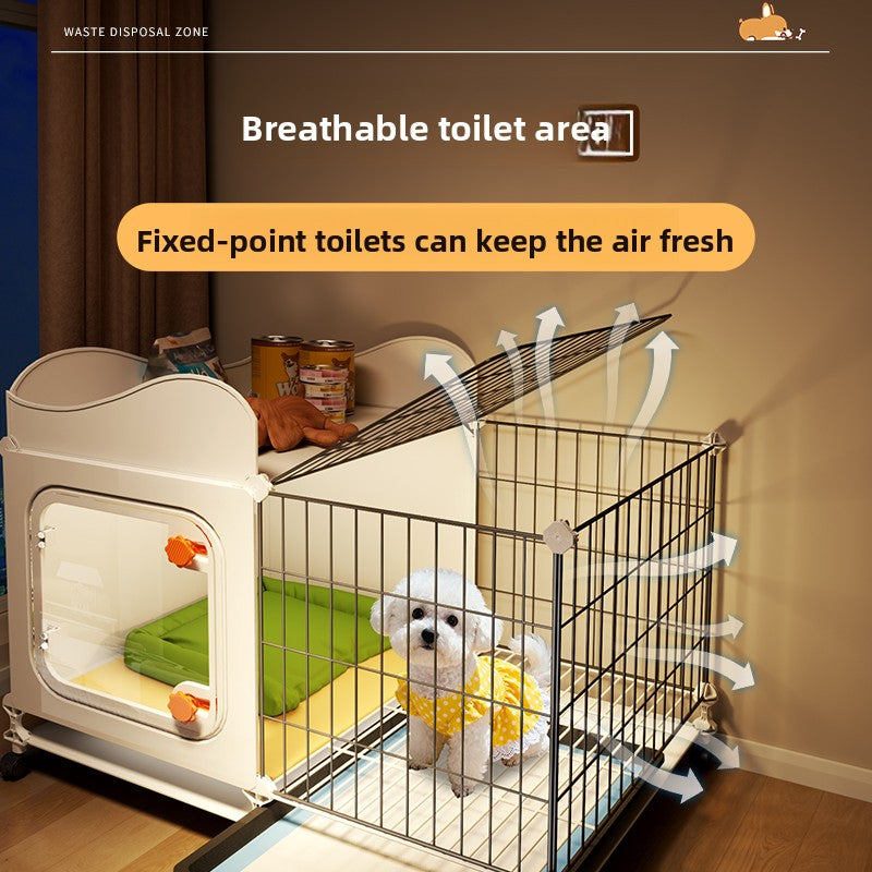 Modular small dog cage with toilet area, close-up detail view