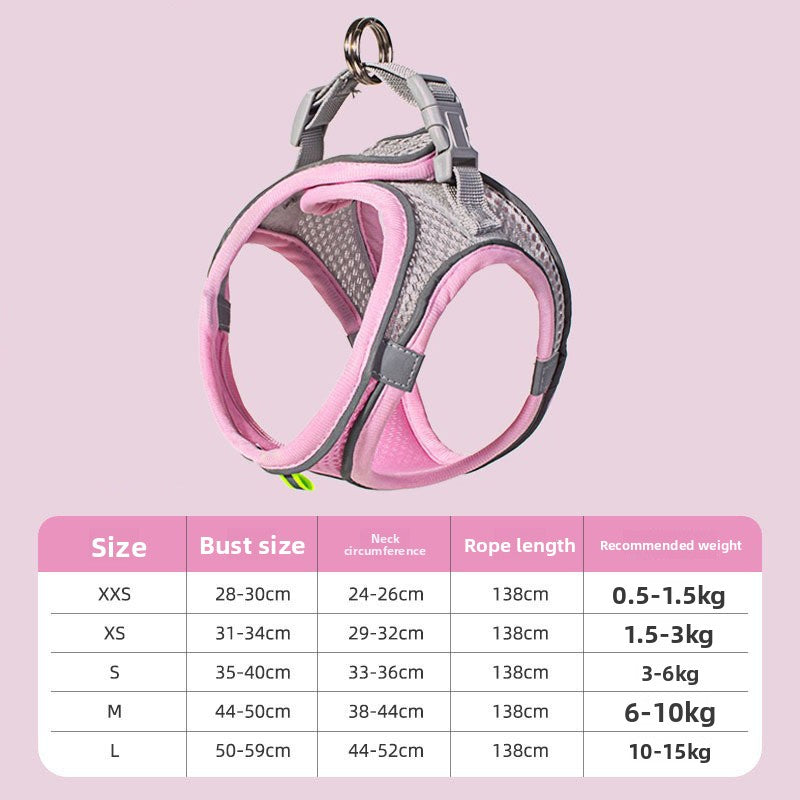 Two tone vest harness in pink and grey on a small dog