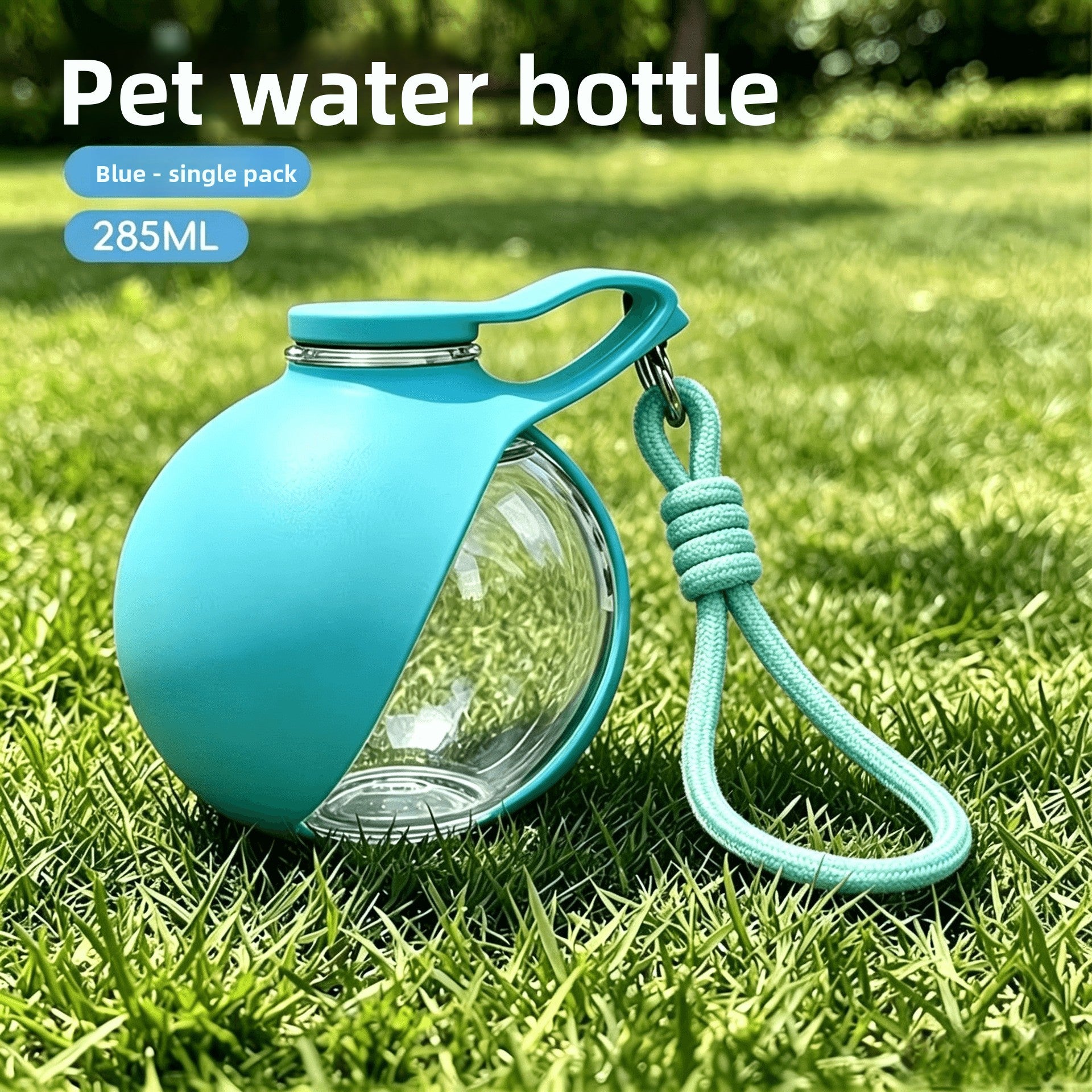Foldable pet water bottle with ball outlet in Purple, side view