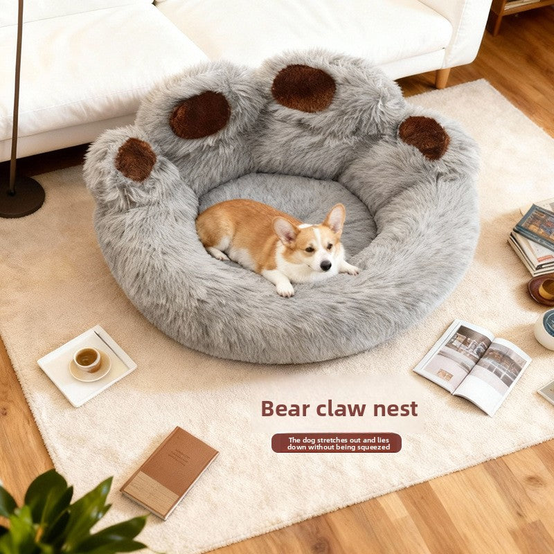 Grey bear paw shaped round plush pet bed, view 1