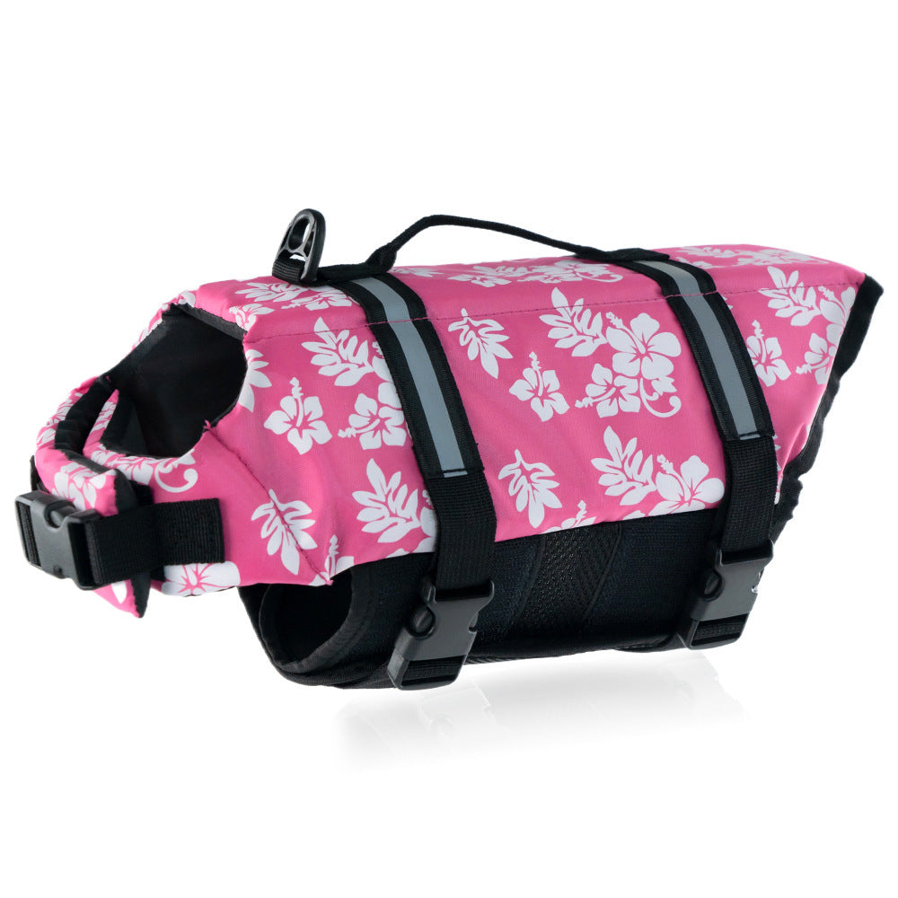 Dog life jacket swim vest with adjustable straps in floral print, view 26